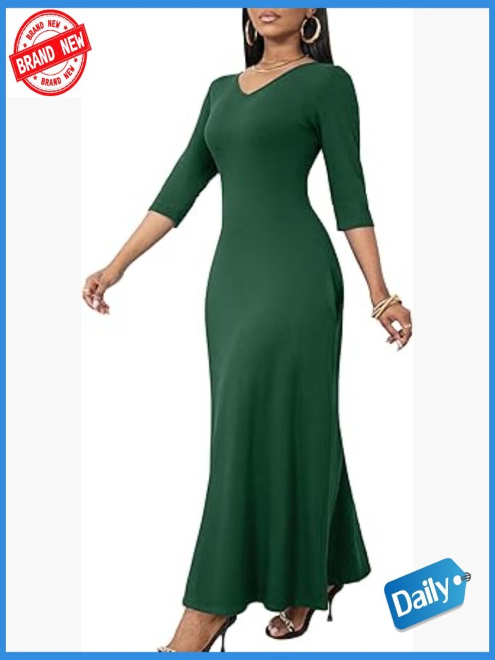 3/4 Sleeve V-Neck Maxi Dress with Pockets Casual Swing